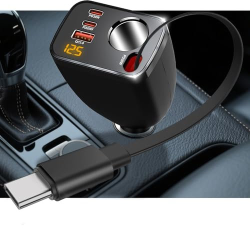 5-in-1 Kfz 12V Verteiler mit USB C Versteckt Ladekabel: 200W Adapter Zigarettenanzünder Auto Ladegerät Mehrfach Steckdose Netzteil DC 12 V Volt Stecker Splitter für iPhone Handy GPS DashCam Navi