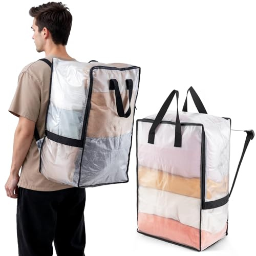 TAILI Borsa da trasloco tipo zaino, manici e cerniere resistenti, contenitore per vestiti, sacchi per la biancheria, imballaggio, viaggi, indispensabile per traslochi (trasparente, confezione da 2)