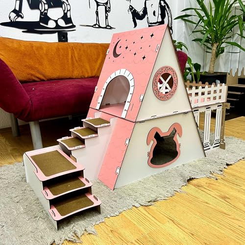 Bungalow Kaninchenhaus mit Terrasse & Heuraufe – 2?stöckiges Premium?Hasenhaus aus 3?mm MDF, handgefertigt & zerlegbar – Indoor/geschützter Outdoor Stall für 1–2 Kaninchen (weiß-rosa, N)