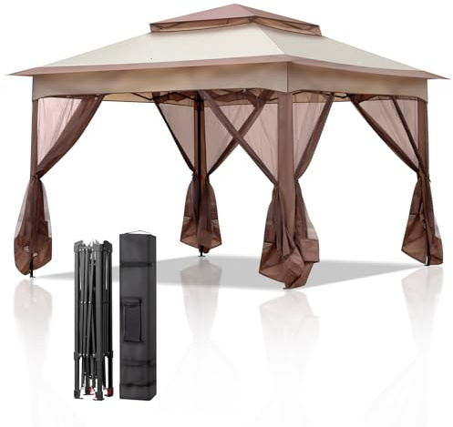 Bonnlo Pop Up Gazebo 3.3m x 3.3m with Mosquito Netting Sides, Garden Heavy Duty Pavilion Canopy with Zipped Mesh Side, Metal Pergola Gazebo for Outdoor Event