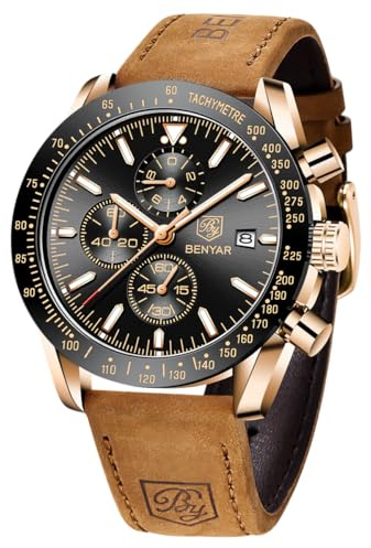 BENYAR Orologio da Uomo Cronografo Analogico al Quarzo Impermeabile Luminoso Sportivo Affari Orologio da Polso Cinturino in Pelle/Acciaio Inox Regalo per Uomo,Marrone-oro Nero