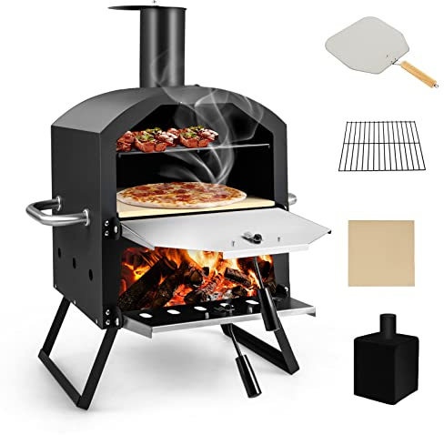 COSTWAY Outdoor Pizzaofen, 2-lagigem Pizza Ofen mit Grillrost, Pizzastein, Pizzaschaufel, wasserdichter Abdeckung, hitzebeständigen Griffen & klappbaren Beinen, für Picknick, Camping, Party