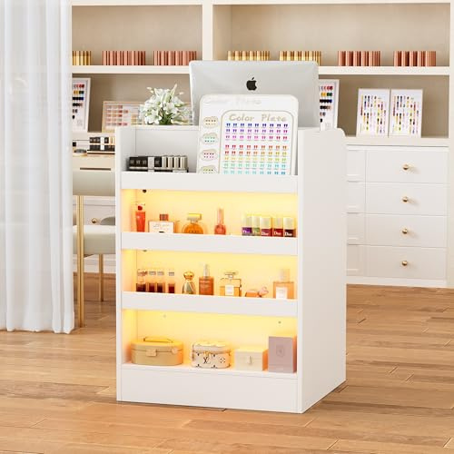 Petit Comptoir de Réception avec Lumière LED, Comptoir Moderne avec Tiroir Verrouillable et 4 D'exposition, de Caisse Blanc pour Magasin de vêtements, Hall, Salon de Beauté (Blanc, 60 x 40 x 96 cm)