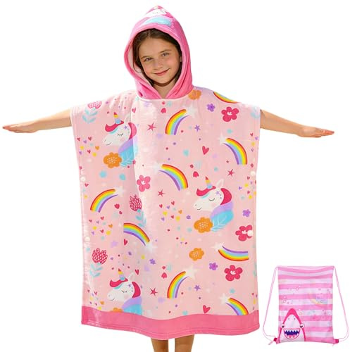Domueay Serviette de Bain Enfants Filles, Microfibre Poncho de Bain à Capuche, Rose Lamas Motifs Absorbant Doux Peignoir de Bain pour Bain Piscine Plage, 75x180cm, pour 6-15 Ans