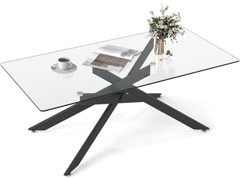 COSTWAY Tavolo da Caffè, Tavolino Salotto in Vetro Temperato con Gambe Incrociate in Metallo Placcato e Piedini Regolabili Antiscivolo, per Soggiorno e Ingresso, 120 x 60 x 45,5 cm (Nero)