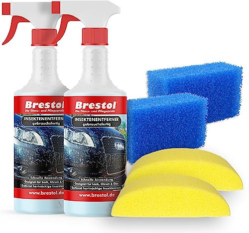 Brestol Insektenentferner Set2-2x 750 ml gebrauchsfertig, 2X Fahrzeugschwamm, 2X Insektenschwamm - Insektenlöser Polycarbonat geeigneter Vogelkotentferner Spezialreiniger alkalisch