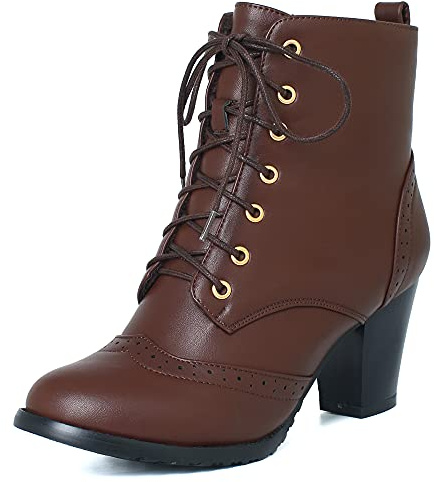 Onewus Stivali da donna con tacco a blocco, lacci, marrone scuro., 39 EU