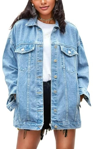 Omoone Women's Oversized Mid Long Denim Jacket Jean Biker Coat(0199-Denim Blue-L)