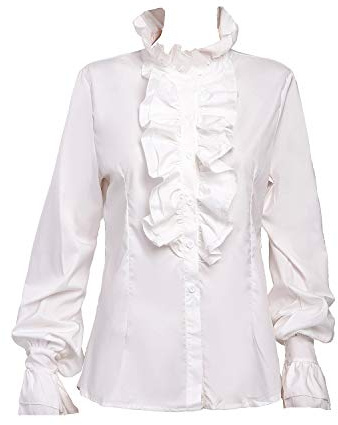 Taiduosheng Women Vintage Victorian Shirts Trumpet Sleeve Tops High Neck Frilly Ruffle Button Down Shirt Blouse M White