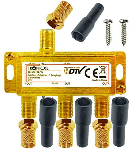 TronicXL Sat Splitter 3-Fach HD tauglich digital Antennenverteiler TV Verteiler + F-Stecker Adapter mit Wetterschutz + DC-Durchlass kompatibel mit für DVBT DVBC Unitymedia Vodafone Kabelfernsehen