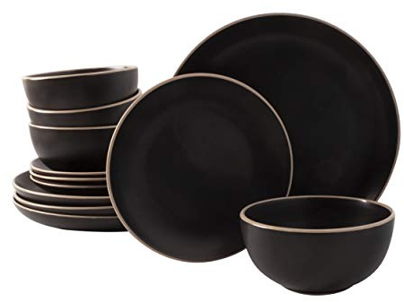Gibson Home Rockaway Round Stoneware Dinnerware Sets, Service for 4 (12pcs), Black