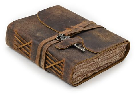 Läderdagbok - vintage läderbunden dagbok för kvinnor män – handgjort vintage däckpapper – vintage nyckelstängning – bok av skuggor – skissbok i läder (sliten brun, 20 cm x 15 cm)
