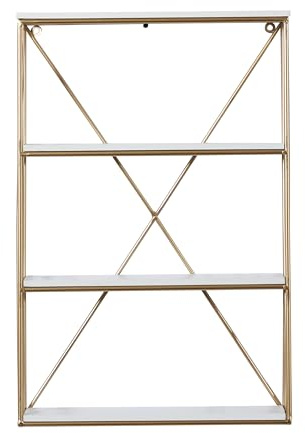 Deco 79 Metal 3 Level Wall Shelf with White Wooden Shelves, 16 x 4 x 24, Gold