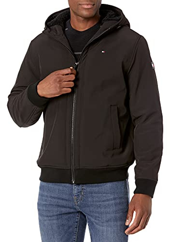 Tommy Hilfiger Men's Soft Shell Active Filled Bomber Jacket, Black Sherpa Lined W. Patch, M