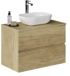 Baikal Baño Onyx, 2 cajones, suspendido en Pared, con Lavabo cerámico. Mueble Montado, Melamina 16,Mueble F46 + Top + Lavabo 80 cm Nature