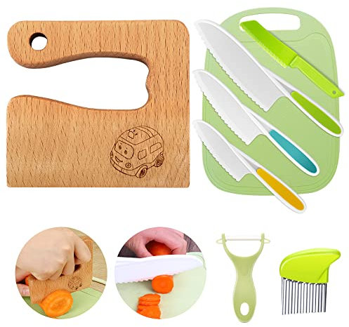 Goodchef Set di coltelli da cucina per bambini, 8 pezzi, per tagliare e cucinare frutta o verdura per bambini, con coltello in legno
