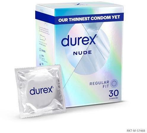 Durex Nude, Ultra Thin, 30 Condoms, Regular Fit, with Silicone Lube, Easy on Shape, Teat Ended, Our Thinnest Latex Condom Yet, Transparent Natural Latex Condoms, Trusted Durex Protection