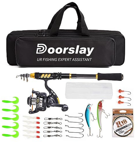 Doorslay Tragbares Angelset, Teleskop Angelrute und Angelrolle Set mit 106m Angelschnur, Angelköder-Set,Angelzubehör, für Kinder, Erwachsene, Anfänger und Angelliebhaber