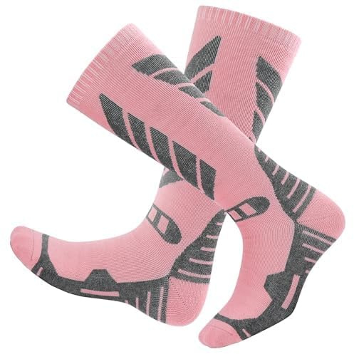 Wanchel Calcetines de esquí cálidos para niños, 2 pares de calcetines de esquí hasta la rodilla, Rosado, 6-9 Años