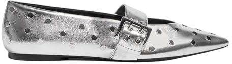 Yishaweiqi Silver Studs Buckle Strap Ballet Flats Shoes for Women Pointed Toe Ballerina Shoes Mary Jane Flats Comfortable Casual Drive Shoes