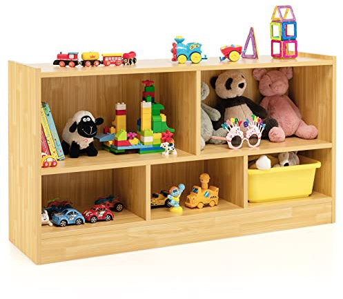 COSTWAY Kinder Spielzeugschrank Holz, Spielzeugregal mit 2 großen Fächern und 3 kleinen Fächern, offen, Kinderregal für Spielzeug, Puppen und Bücher, 111 x 30 x 61,5 cm, Natur