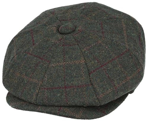 Men’s Wool Blend Tweed Check Newsboy Flat Cap Traditional 8 Panel [WN2160-GREEN-S]