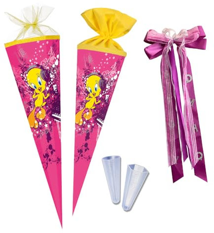 Nestler School Cone Set for Filling, Handmade Cardboard Sugar Cone - Licensed Motif Looney Tunes - Tweety, School Cone, Lace Protector, Bow (85 cm Hexagonal)