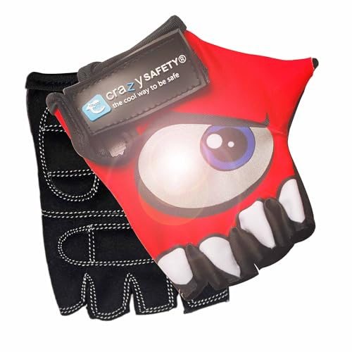Crazy Safety - Guantes de ciclismo para niños, color rojo con ojos reflectantes y palmas acolchadas, talla S, ideal para ciclismo, patinete y actividades al aire libre