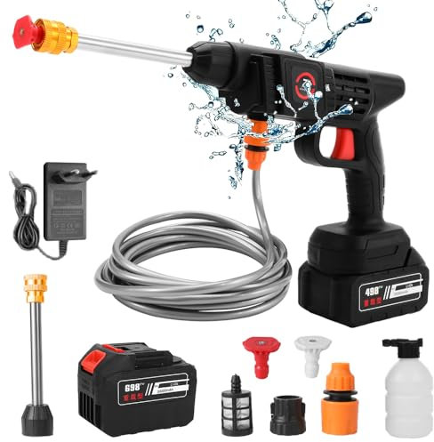 Nettoyeur Haute Pression sans Fil, 21V 50 Bars Nettoyeur Haute Pression sur 1 Batterie, Pistolet Haute Pression sans Fil Portable avec Pulvérisateur de Mousse, pour Le Nettoyage et Arrosage (30000mah)