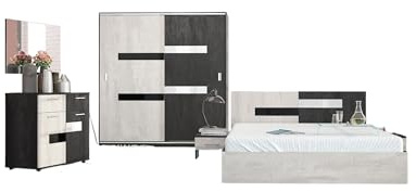 Camera da Letto Completa, Letto Contenitore 160x200 cm, Comò con Specchio, Armadio ad Anta Scorrevole. Arredamento per Camera da letto Bianco e Nero Opaco CMG12 (Solo camera)