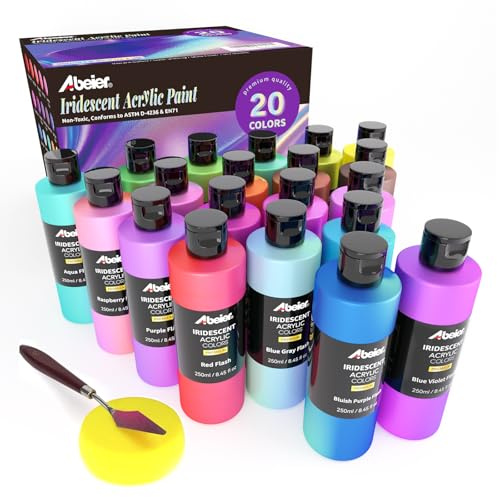 ABEIER Bulk Iridescent Acrylic Paint, Set of 20 Chameleon Colours(250 ml/Bottle), Colour Shifting, Non-Toxic, High Viscosity, Rich Pigments, Blendable, Painting on Rocks Crafts Canvas Wood, Fabric