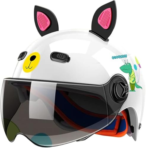 Cute Kids Motorcycle Half Helmet with Cat Ears, Ultra-Thin Half Shell Open Face Helmet with Cartoon Pattern for 2-14 Years Old Child ATV Cruiser Electric Scooter Helmet DOT Approved(E)