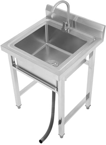 Lavello mobile in acciaio inox, 60 x 60 x 93 cm, multifunzione, con rubinetto per interni ed esterni, cucina, ristorante, bar, colore argento