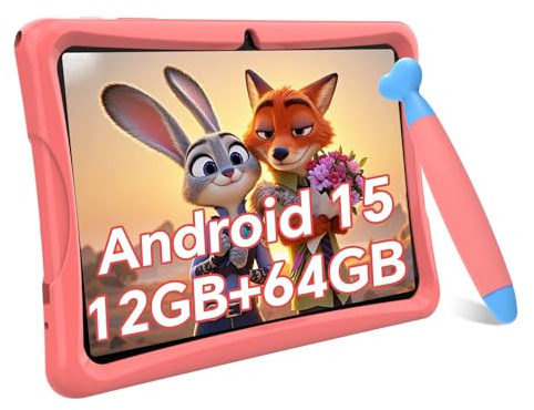 TABWEE Kids Tablet 10 inch, Android 15 Tablets for Kids, Parental Control, Pre-Installed Kiddos Software & Kids Space, Includes Case & Stylus Pen, 12GB RAM 64GB ROM, 2TB Expand, HD IPS Screen(Pink)