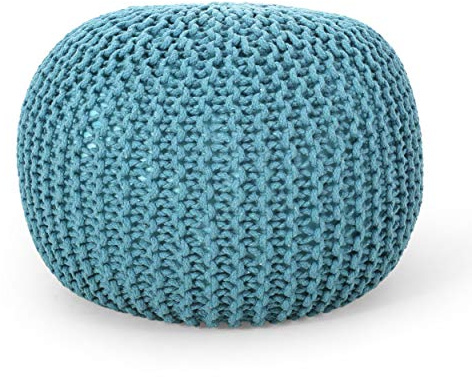 MATONELL 20 Round Knit Pouf Ottoman, Aqua Cotton Footstool for Living Room, Modern Accent Stool with No Assembly Required, Soft Textured Pouf for Bedroom, Lounge (20 W x 20 D x 14 H)