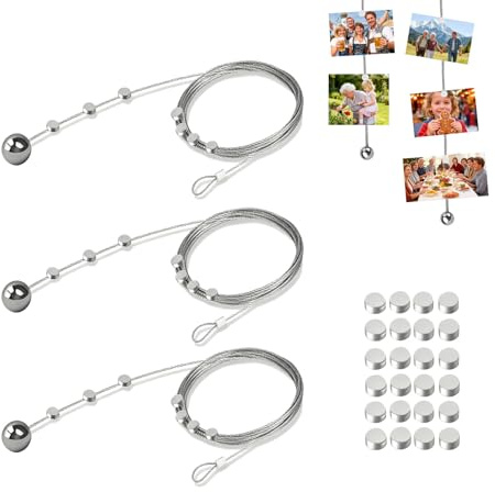MUMUMUR Corda per foto in acciaio zincato, 3 x 2 m x 1,5 mm, con clip per appendere foto, cartoline, ghirlande, argento