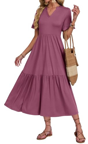 AUSELILY Vestidos Largo Verano Mujer Cuello en V Manga Corta Volante | Vestido Playa Mujer Largo Ligero y Aireado con Bolsillos Cintura Elástica Falda Escalonada Informal