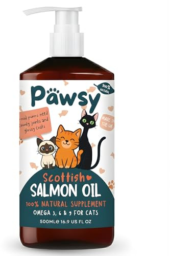 PAWSY Scottish Salmon Oil for Cats 500ml – Omega 3, 6 & 9 for Skin and Coat – Natural EPA and DHA – Supports Healthy Skin, Glossy Fur and Joint Comfort – Tasty Drizzle Cats Love (500ml)