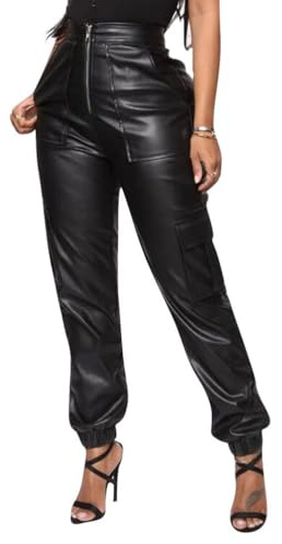 Generisch Women's Stretch Trousers Push Up Effect Leather Trousers Biker Stretch Coated Faux Leather Trousers Leggings Button Down Leather Leggings, A Black, L