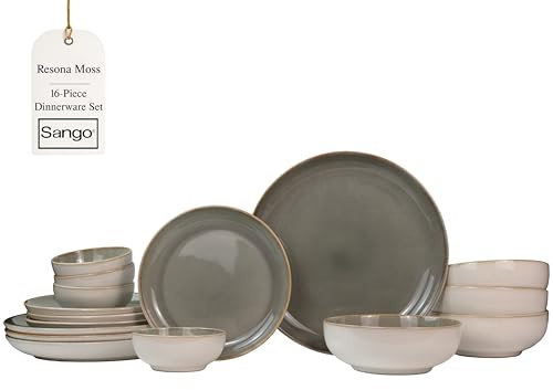 Sango 16-Piece Stoneware Dinnerware Set for 4, Glossy Cream/Green Big Dinner Plates and Bowls Sets with Reactive Glaze, Ceramic Dish Set, Modern Dishes, Microwave & Dishwasher Safe, Resona Moss