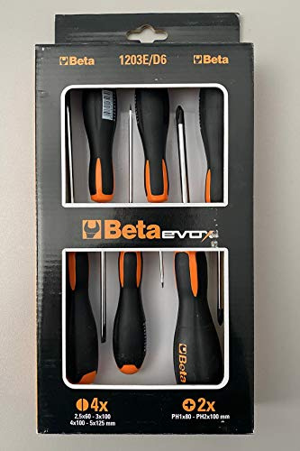 BETA - Set 6 Giraviti Evox Lama Piatta e Phillips con Impugnatura Ergonomica, Serie Cacciaviti Professionali Cromati per Officina Manutenzione Meccanica e Tecnica, 1203E/D6
