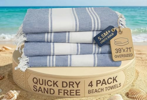 Lane Linen Beach Towels 4 Pack Oversized - Cotton Rich Turkish Towel Set, Pre-Washed Oversized Beach Towel, Quick Dry Beach Towels For Travel, Beach Towel Large, Sand Free Towel,39x71 - Forever Blue