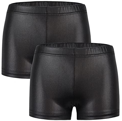 SEAUR Pantalones cortos para niña, danza, gimnasia, yoga, deporte, pantalones cortos de deporte, pantalones cortos de baile, metálicos, brillantes, 3-12 años, 2 unidades de color negro., 7-8 Años