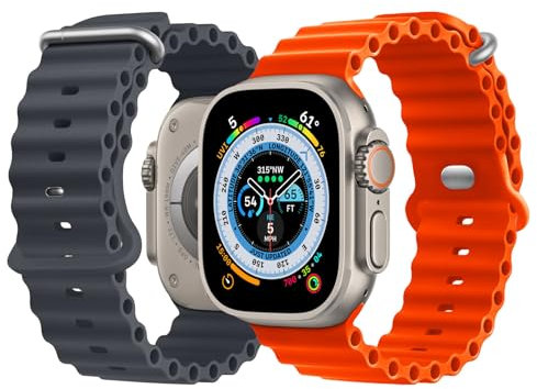 NUKELOLO 2 Stück Ocean Armband Kompatibel mit Apple Watch Ultra 49mm 46mm 45mm 44mm 42mm, Silikon Sport Armband für iwatch Series 10 Ultra 9 8 7 6 5 4 3 2 1 SE, Mitternachts Schwarz/Orange