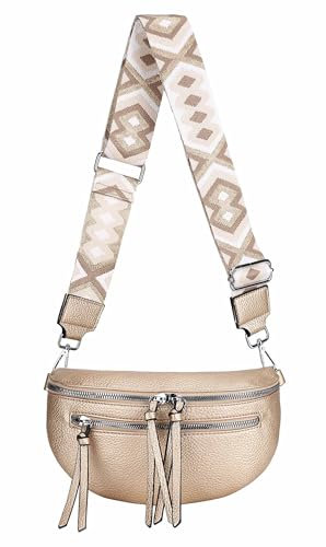 ITALYSHOP24 Damen Tasche Umhängetasche Brusttasche Muster Gürtel Bauchtasche Crossbody Gürteltasche Hüfttasche Crossover Bodybag Schultertasche Handytasche Leder Optik Gold S