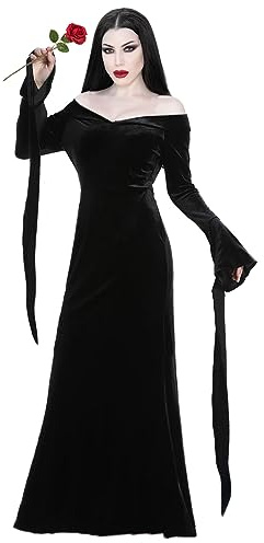 Velmawig Morticia Addams - Disfraz de mujer adulta elegante gótico vintage con hombros descubiertos para la familia Addams, disfraz de bruja, cosplay con accesorio de rosa para carnaval, temática de