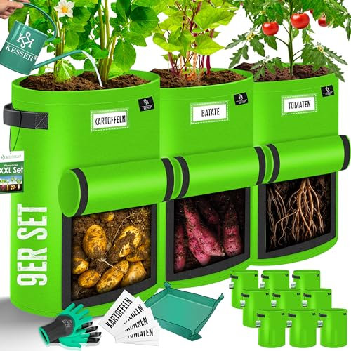 KESSER® Lot de 9 sacs de plantation pour pommes de terre 38 l - En non-tissé avec étiquettes nominatives - Avec fenêtre et poignées - Pot de plantation lavable avec gants et tapis de travail - Vert