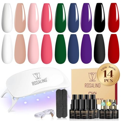 ROSALIND Kit Semipermanente Unghie con UV LED Lampada, 14 Pezzi 9 Coloris Nero Bianco Rosso Rosa Verde Viola Smalto Semipermanente Unghie, Kit di Partenza Soak Off Nail Art Manicure