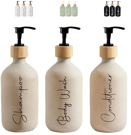 FCINNOVA Dispenser Sapone Bagno Beige 500ml | Set 3 Dispenser Shampoo e Bagnoschiuma + Balsamo + Embudo per Riempimento |Questo Pratico Set Dispenser Doccia Mantendrá il Tuo Bagno Ordinato ed Elegante