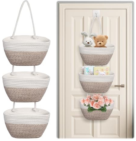 Figarge 3 Stufen Über Tür Hängender Korb - Baumwollige WandSpeicher für Schlafzimmer, Wohn- und Badezimmer - Dekorative Kleidungslagerung (Weiß + Braun)